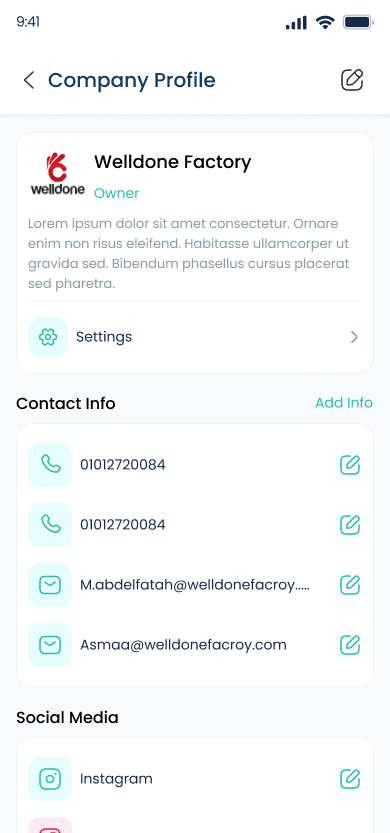 Company profile with contact info and social media